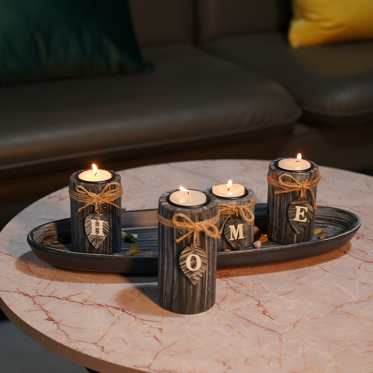 Rustic Wooden Candle Holder Set - DECO