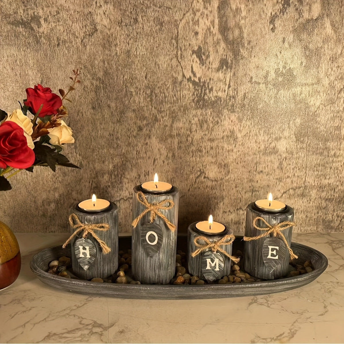 Rustic Wooden Candle Holder Set - DECO