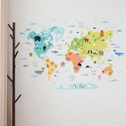 Cartoon Animals World Map Wall Sticker - DECO