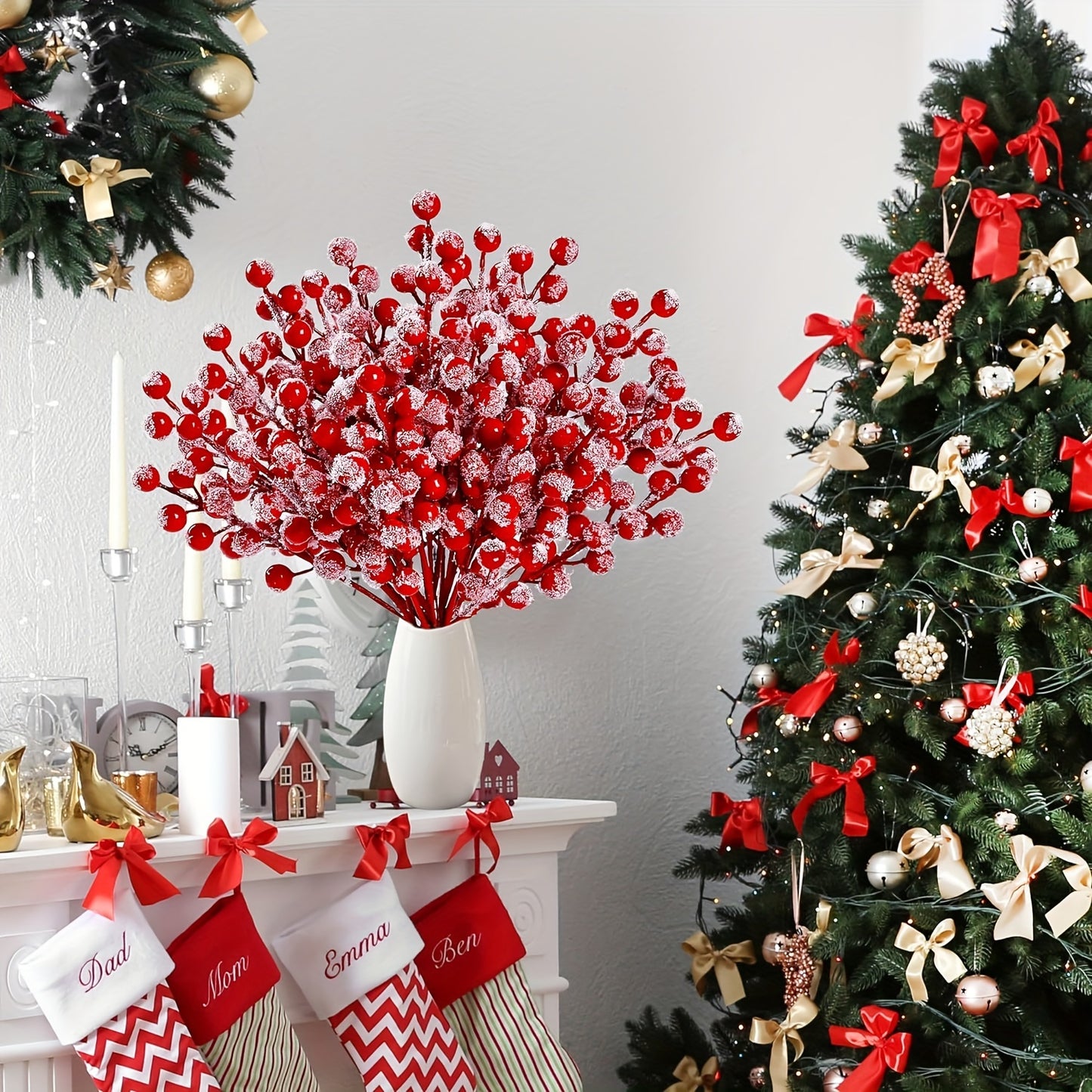 Snow Frosted Red Berry Stems (10 pcs) - DECO